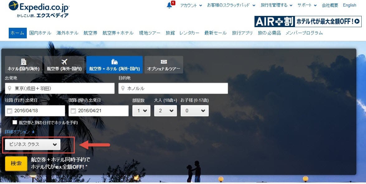 「詳細オプション」でビジネスクラスを選ぶ