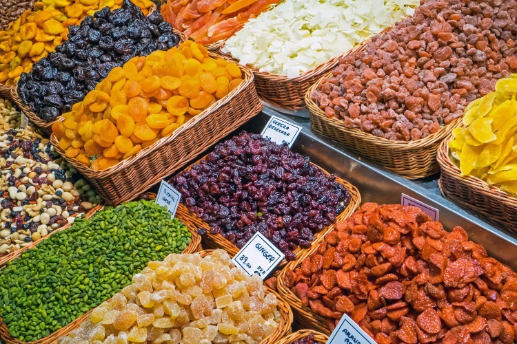 Variety of dried fruits at a market